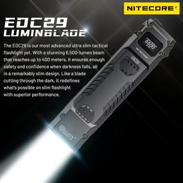 Ліхтарик Nitecore EDC29 EDC, ультратонкий, високопродуктивний, 6500 люмен, з висувним кільцем для ключів, чорний