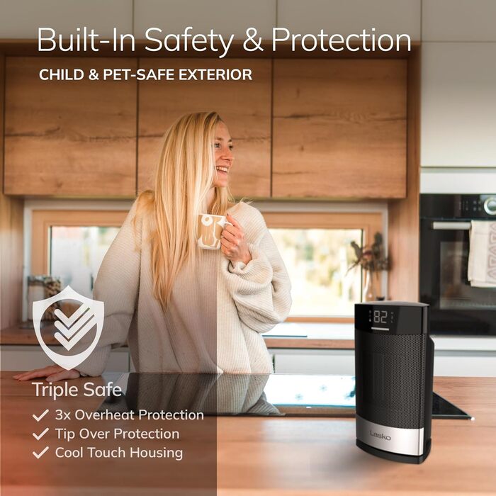 Керамічний настільний обігрівач Lasko CD12950 для побутового використання з тумблером, блокуванням від дітей, цифровим дисплеєм, т