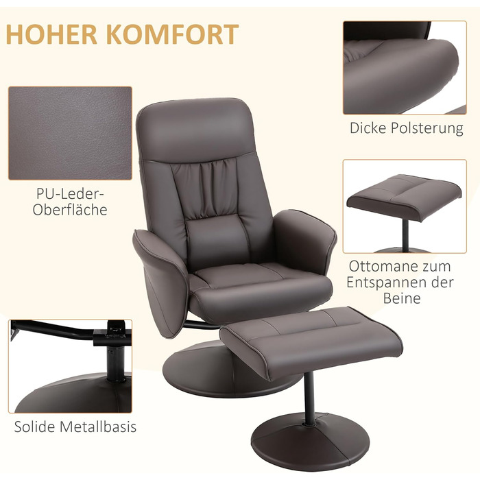 Крісло-реклайнер HOMCOM з підніжкою, поворотне на 360 крісло для телевізора з функцією відкидання, крісло для телевізора для вітальні, спальні, штучна шкіра, коричневий колір