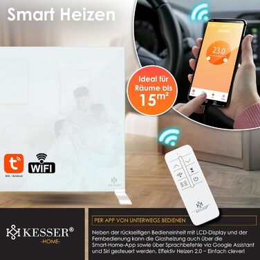 Інфрачервоний обігрівач KESSER 600 Вт, скляний конвектор, енергозберігаючий, 2-в-1, окремостоячий та настінний електричний обігрівач з датчиком відкритого вікна дистанційним керуванням та керуванням через додаток, термостат, нагрівальна панель 600 Вт, біл