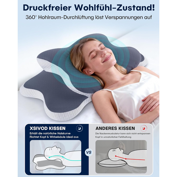 Ортопедична подушка для шиї - ергономічна подушка з піни з ефектом пам&39яті з охолоджувальним ефектом, подушка для підтримки шиї для знеболення, подушка проти хропіння для сну на боці, спині та животі, сіра