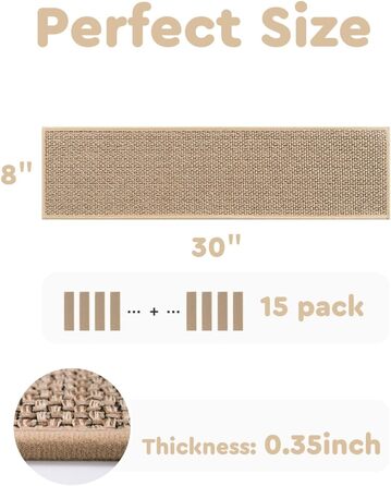 Нековзні сходинки PADOOR, гумова основа для дерев&39яних сходинок, 15 шт. , килимові сходинки без залишків для дітей та собак, 20,3 x 76,2 см, бежевий