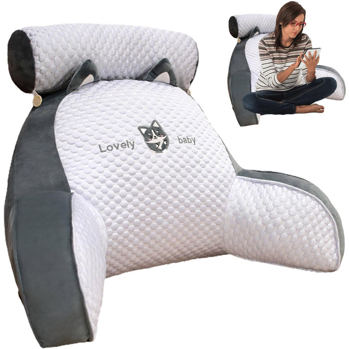 Подушка для читання, подушка для ліжка зі знімним потиличним валиком та підлокітником для сидіння в ліжку, дивані або підлозі, спинка, подушка для спини ліжка, подушка для підтримки спини для дорослих, подушка для спини для читання та перегляду телевізора