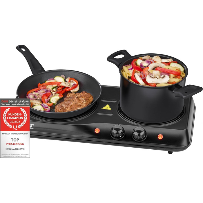 Перша в Австрії інфрачервона керамічна плита подвійна ВСІ види горщиків Подвійна конфорка 19см / 16,5см Варильна поверхня для переїзду, кемпінгу, дачного будинку - швидкий нагрів і плавне регулювання подвійний чорний
