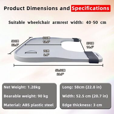 Регульований лоток для інвалідного візка для їжі, читання та відпочинку, ергономічний дизайн з регульованою відстанню та висотою, універсальний знімний столик, ідеально підходить для користувачів інвалідного візка, 35 см, чорний