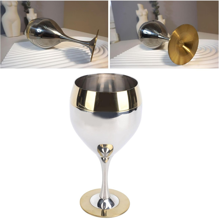 Келих для вина Pongnas з нержавіючої сталі, 350 мл, небиткий, ударостійкий винний келих із золотим обідком, для подорожей, кемпінгу, весіль, пікніків, заходів на свіжому повітрі