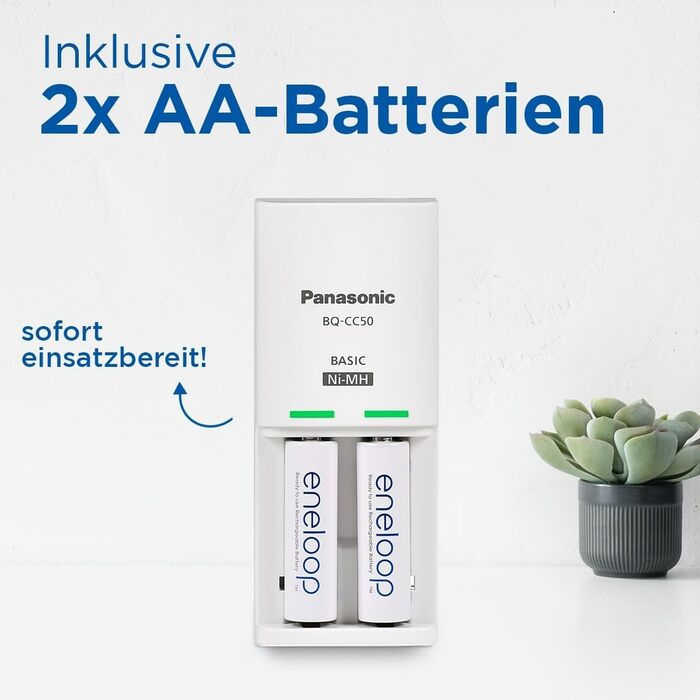 Компактний зарядний пристрій eneloop, для 1-2 нікель-металгідридних акумуляторів типу AA/AAA, час заряджання 10 годин, 9 функцій безпеки, включаючи 2 акумулятори eneloop типу AA (2000 мАг), зарядний пристрій з 2 акумуляторами eneloop типу AA