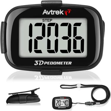 Крокомір AVTREK Precision 3D для ходьби, великий екран, цифри, крокомір, для бігу, з дисплеєм часу та світлодіодним підсвічуванням (чорний)