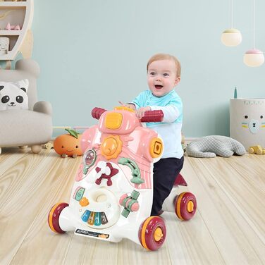 Ходунки для немовлят GOPLUS 3-в-1, як ігровий центр Baby Walker Ride-on Car, знімна ігрова дошка, зі світлом і музикою, універсальна іграшка, подарунок на 12-36 місяців (рожевий)