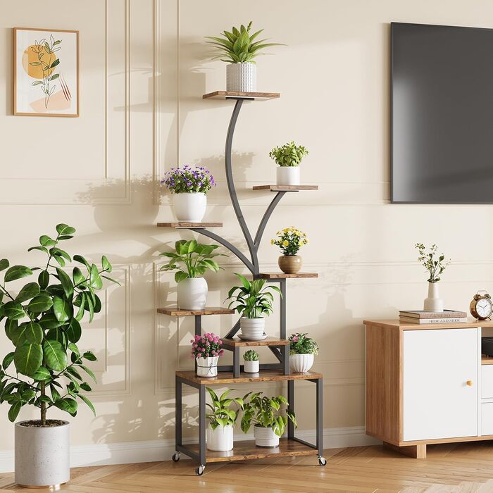 Підставка для рослин HAUSPROFI 154 см, 8-рівнева металева та дерев&39яна полиця для кількох рослин із фіксуючими колесами, декоративні квіткові сходи для саду та балкону - чорна (без лампи для вирощування)