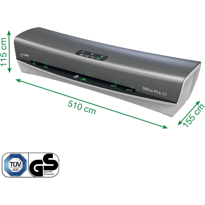 Ламінатор Leitz iLAM Office Pro A3, надшвидкий розігрів 1 хвилина, для плівок 75-175 мікрон, світлодіоди доступності та світлодіодний індикатор стану, функція захисту від застрягання, автоматичне вимкнення, стартовий комплект для роботи з плівками, сірий/