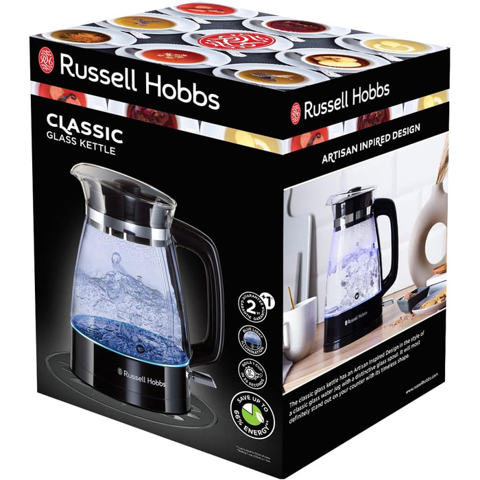 Чайник Russell Hobbs 1,7 л, 2400 Вт, оптимізований скляний вилив, світлодіодне освітлення Класичний дизайн (скороварка, знімна кришка, фільтр від накипу, основа з нержавіючої сталі)26080-70