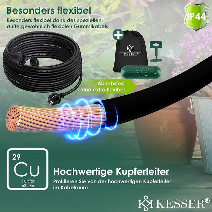 Подовжувач KESSER 30 м із захисним ковпачком Зовнішній - для внутрішнього використання на вулиці - Подовжувач кабелю живлення - 230 В IP44 - зі штепсельною вилкою Schuko - Захисний контактний кабель Захисний контактний штекер 30 м Чорний