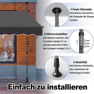 Тент, тент із затискачем, балконний сонцезахисний тент, висувний, регульований вручну за допомогою ручної ручки, стійкий до ультрафіолету, сонцезахист, 100 поліестер, для внутрішніх дворів, балконів, ресторанів, кафе, темно-сірий, 300 x 120 см