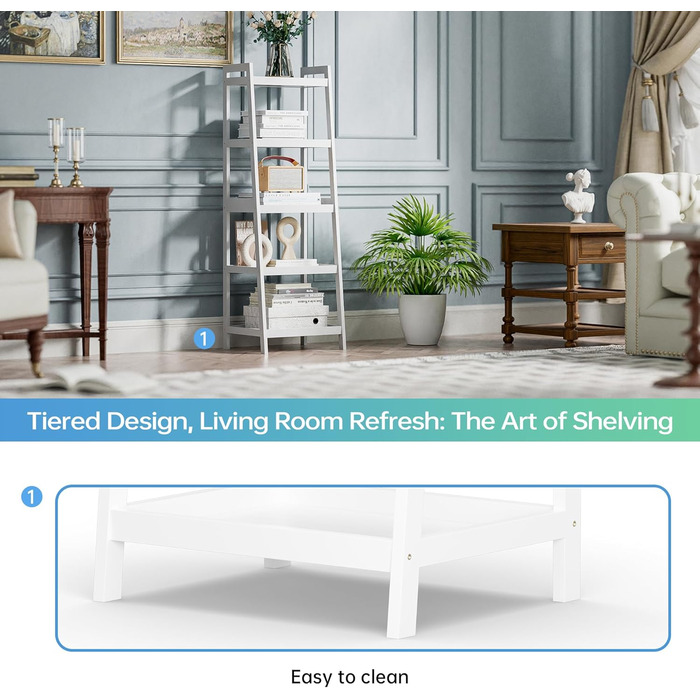 Бамбукова книжкова полиця SMIBUY з драбиною, органайзер для полиць у ванній кімнаті, окремостояча підставка для рослин, компактні полиці для спальні, кухні, балкону (біла, 5 полиць (127 см заввишки)) Біла 5 полиць (127 см заввишки)