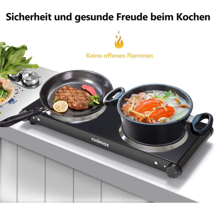 Інфрачервона варильна поверхня CUSIMAX 2 шт. 1200 Вт 1200 Вт Електрична варильна поверхня зі склокераміки, портативні подвійні варильні поверхні з регулюванням температури для зовнішнього/внутрішнього використання, для всіх типів гончарів, чорна нержавіюч
