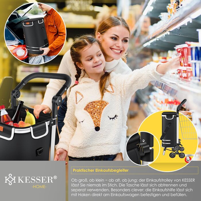 Багатофункціональний візок для покупок зі сходами, з термосумкою, складною конструкцією, місткістю 56л та вантажопідйомністю до 50кг 3-в-1 Візок-драбина, сумка-візок та сумка через плече Складаний візок для покупок з жетоном для покупок, чорний