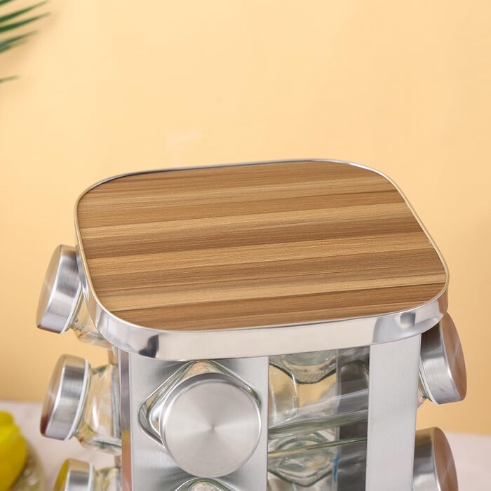 Обертова на 360 підставка для спецій з нержавіючої сталі з 16 баночками для спецій карусельний органайзер для спецій для кухні, дерев&39яна та скляна підставка для спецій, поворотний стіл компактна, стійка до іржі, без бісфенолу А, срібляста