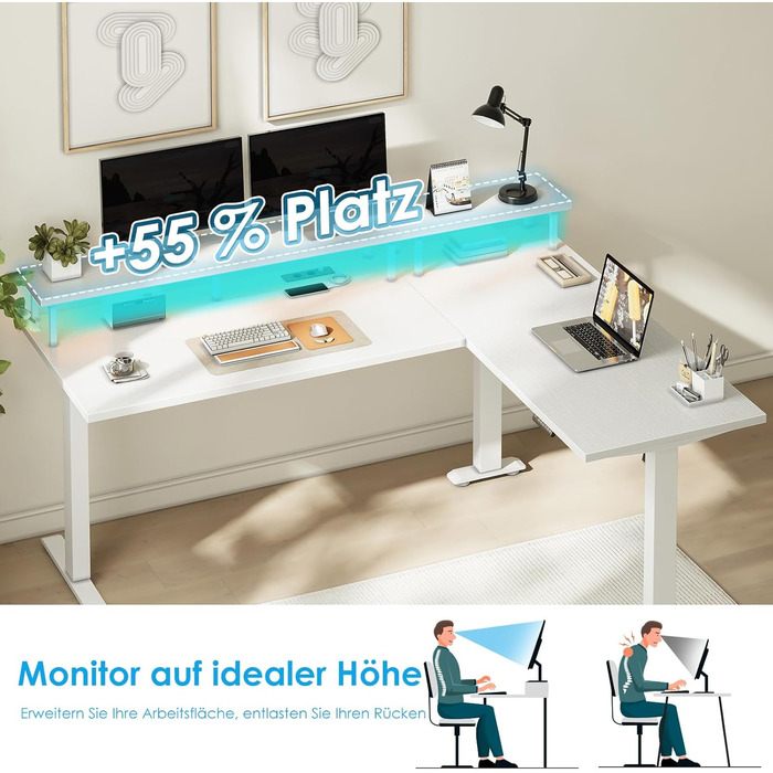 Стіл OffiGo з регульованою висотою, кутовий стіл 150x120 см з кріпленням для монітора, електричний L-подібний стіл з розетками, комп&39ютерний стіл зі світлодіодною стрічкою для офісу, білий