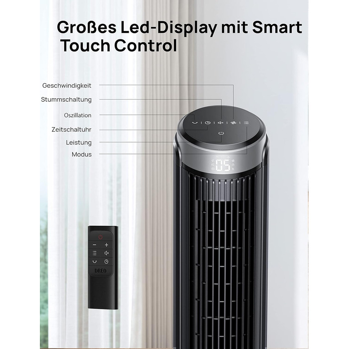 Тихий баштовий вентилятор Dreo 28 дБ, пульт дистанційного керування охолодження 5-швидкісний 4 режими 12-годинний таймер, коливаль