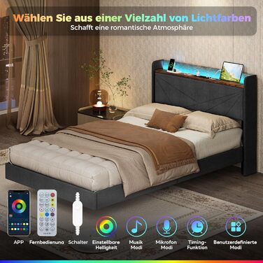 М&39яке ліжко IRONCK 120x200 см, Ліжко 120x200 зі світлодіодним освітленням та зарядною станцією (2 розетки змінного струму, порти USBType-C), Каркас ліжка з місцем для зберігання, Плаваюче односпальне ліжко з рейковою основою, Льняне, Сірий 120 x 200 см