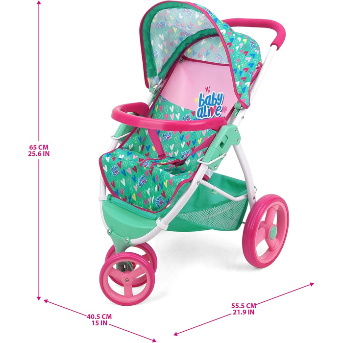 Лялькова коляска для бігу, зелена, рожева, сердечка, аксесуари для ляльок до 61 см, складна конструкція, висувний балдахін, для зб
