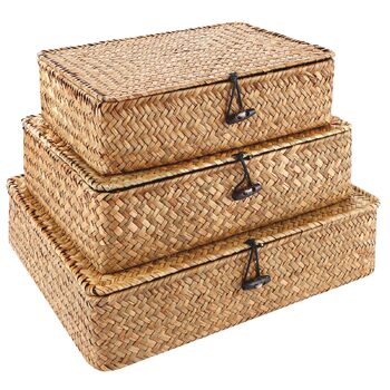 Кошики з натуральної морської трави з кришками - Ротангові кошики з кришками - Плетені кошики з морської трави - Прямокутні плетені кошики з ротанга - Кошики для зберігання речей для ванної кімнати, вітальні, кухні, 3