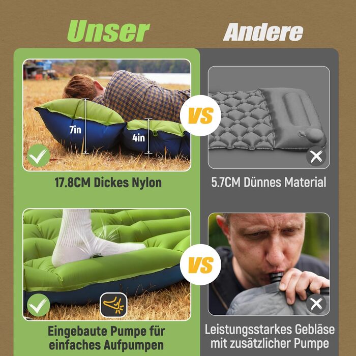 Килимок для сну, потовщений подвійний кемпінговий матрац, надлегкий надувний кемпінговий матрац для 2 осіб з ножним насосом, подушка для використання на свіжому повітрі, зелений