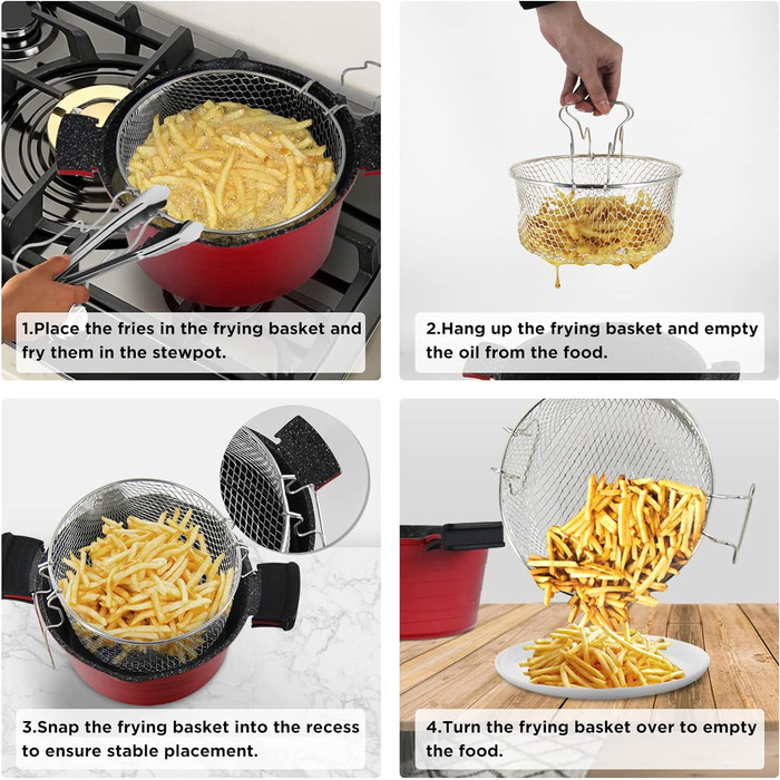 Горщик для картоплі фрі ROSSETTO 24 см з кошиком для смаження, каструля з литого алюмінію індукційна, горщик для картоплі фрі 2-в-1, зі скляною кришкою, антипригарне покриття, підходить для індукції, горщик для пасти 4,5 літра, червоний