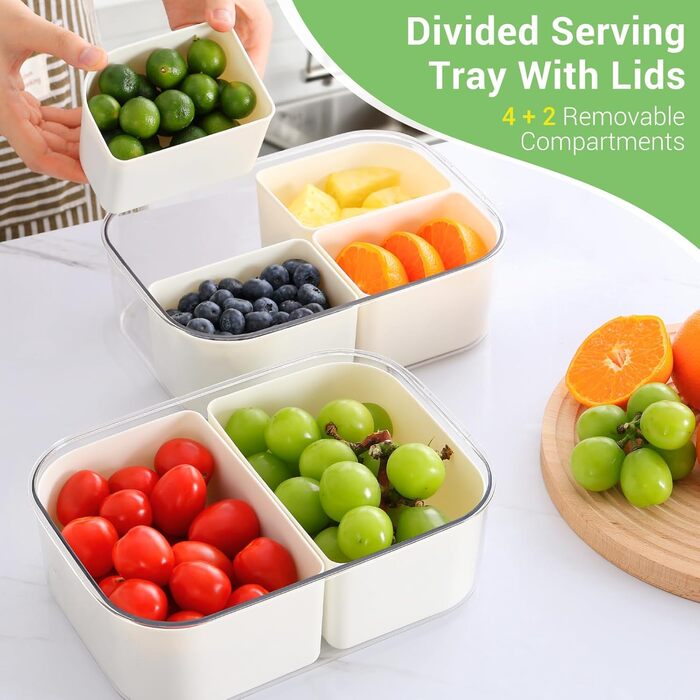 Розкішна коробка для снеків із 6 відділеннями, набір із 2 мисок для снеків для дітей, тарілки для снеків з кришками, багаторазова портативна коробка для снеків, горіхів, фруктів, спецій, подорожей, вечірок, пікніків, можна мити в посудомийній машині, біли
