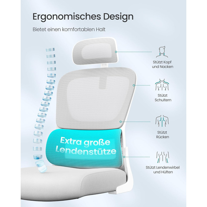 Офісний стілець SONGMICS, стілець для столу, ергономічний сітчастий стілець, з двошаровою сітчастою тканиною, повітропроникний, адаптивна поперекова підтримка, регульований підголівник, для домашнього офісу, колір голубий сірий OBN041G01 з підголівником