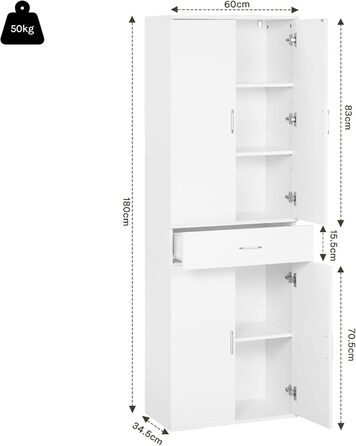 Шафа для документів eSituro, шафа з шухлядами та дверцятами, багатофункціональна шафа, гардероб, кухонна шафа, офісна шафа, висока шафа, 60x180x34 см, білий