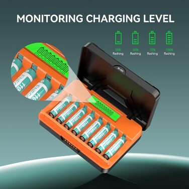 Швидкий зарядний пристрій ENEGON на 8 відсіків для батарейок AA/AAA з РК-дисплеєм 8 акумуляторних нікель-металгідридних батарейок AAA (1100 мАг), зарядна станція USB-C з відділенням для зберігання для пультів дистанційного керування, термометрів та електр