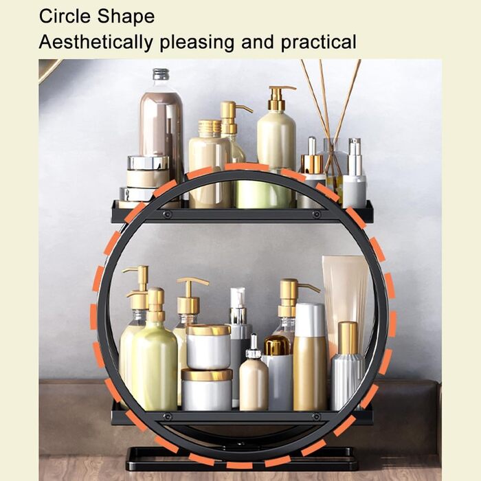 Органайзер для косметики, 2-рівневий, органайзер для стільниці у ванній кімнаті, засіб для догляду за шкірою, полиця для зберігання косметики, металевий, органайзер для парфумів для спальні, комод (чорний, круглий) Чорний круглий