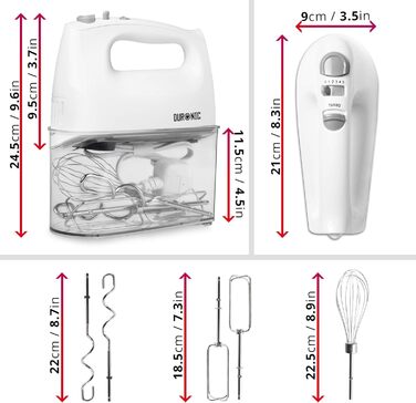 Електричний ручний міксер Duronic HM4 WE 400 Вт, ручний міксер з коробкою для зберігання, міксер для віночка Гачок для зберігання тіста, міксер, кухонний міксер, ручний стімер, міксер для випічки, тісто, біле