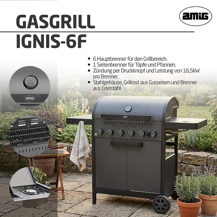 Газовий гриль Amig IGNIS 61 (6 основних 1 бічний пальники), 135 x 55 x 110 см, робоча поверхня 72 x 38 см, з термометром, бічними полицями, колесами та чавунною решіткою, чорний