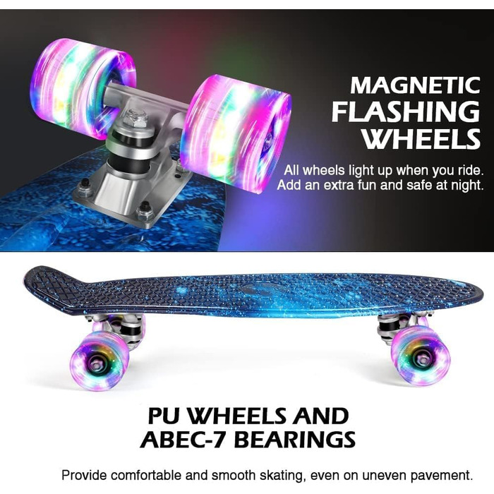 Скейтборд для дітей, підлітків та дорослих BELEEV Mini Cruiser Skateboard 22 Inch – Galaxy Blue, світлодіодні колеса з підсвічуванням