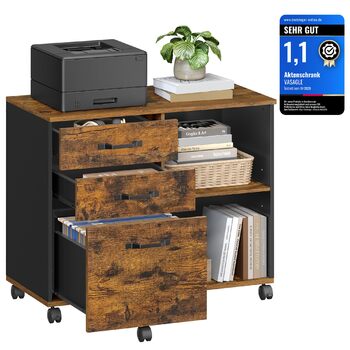Мобільна картотечна шафа VASAGLE з 3 шухлядами та коліщатками, відкриті відділення, для документів формату DIN A4 та Letter, підставка для принтера, промисловий дизайн, вінтажний коричнево-чорний OFC041B01 Вінтажний коричневий чорний