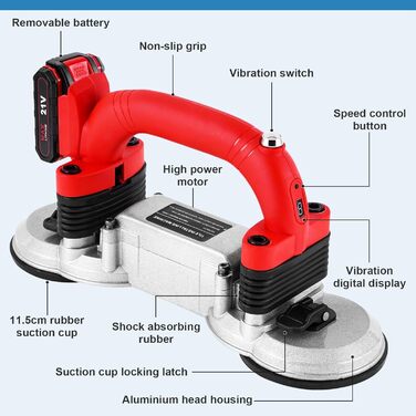 Акумуляторний віброінструмент для плитки, вібратор для плитки, цифровий дисплей, штукатурний інструмент для вирівнювання плитки з 6 швидкостями, машина для плитки з подвійною присоскою, для настінної та підлогової плитки 60-180 см.
