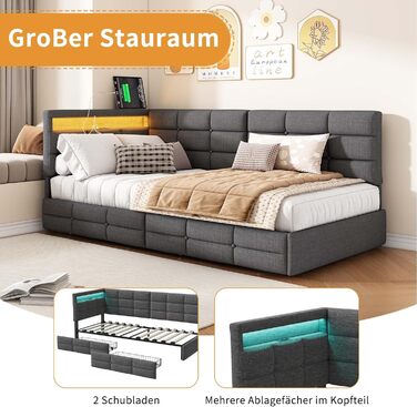 М&39яке ліжко/диван-ліжко 90x200 з 2 шухлядами для зберігання речей, дитяче ліжко 90x200 зі світлодіодним освітленням та зарядною станцією USB, односпальне ліжко з дерев&39яним рейковим каркасом, лляно-сірий (без матраца) лляно-сірий 90x200 см