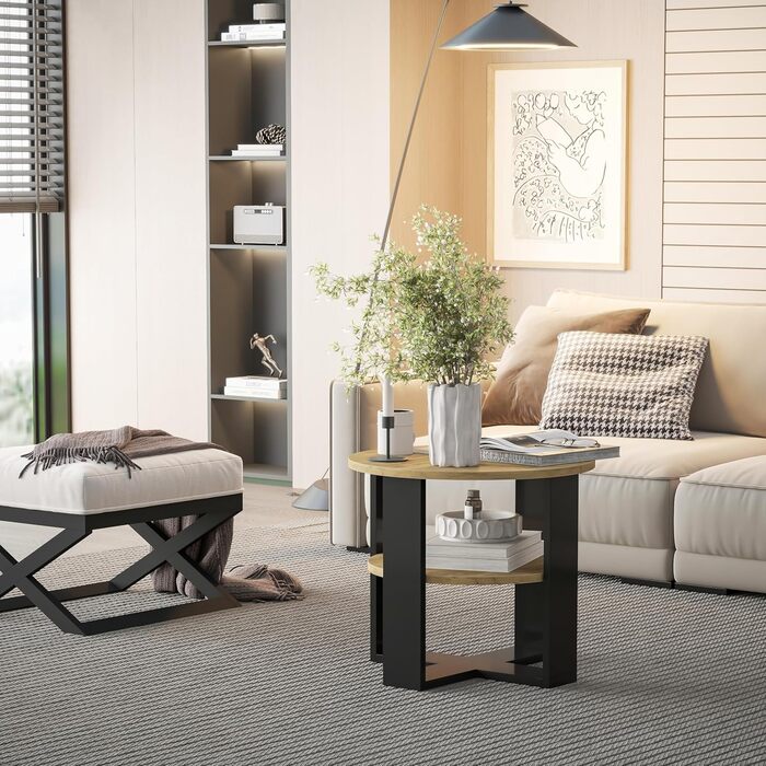 Круглий дубовий журнальний столик Ø53 см - Невеликий журнальний столик з полицею - 2 яруси, круглий сучасний журнальний столик в промисловому дизайні - Зроблено в ЄС Чорний та дубовий Діаметр 53 см