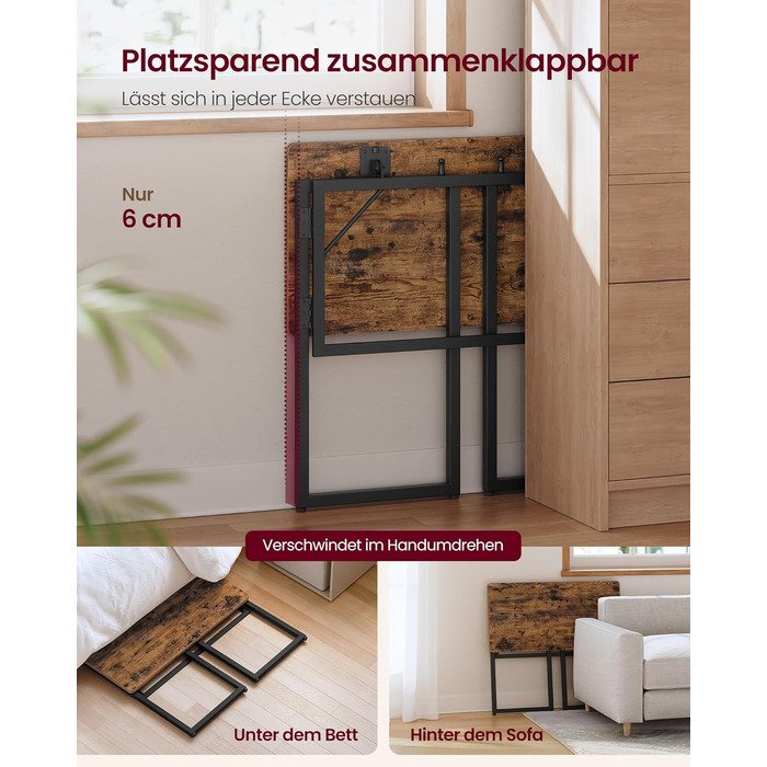 Складаний стіл, Невеликий складаний стіл, Комп&39ютерний стіл, Цільна стільниця, Закруглені кути, Стіл для домашнього офісу, Спальня, 80 x 40 см, Вінтажний коричневий LWD151KD01 80 x 40 см Вінтажний коричневий