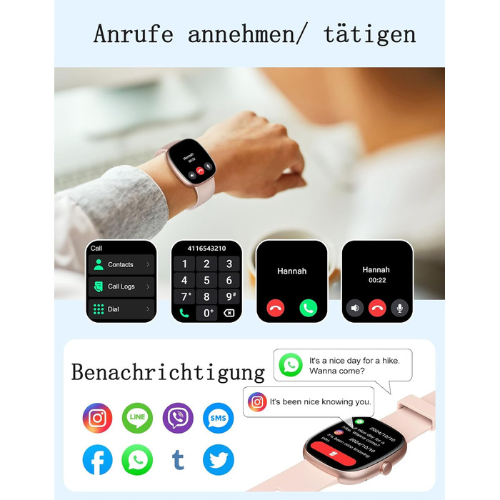 Жіночий смарт-годинник HUAKUA з функцією телефону, фітнес-годинник 1,85 дюйма з монітором серцевого ритму/монітором сну SpO2/100 спортивні режими, крокомір, водонепроникний фітнес-трекер IP68 для телефонів Android та iOS, рожеве золото