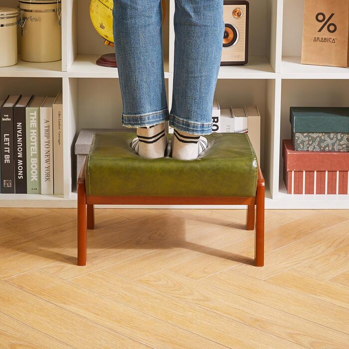 Невеликий пуф-табурет, прямокутний пуф-підставка зі штучної шкіри з м&39яким сидінням та дерев&39яними ніжками, сучасний низький пуф-підставка для вітальні/спальні, темно-зелений WBD013GR, 10.2H