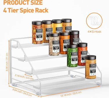 Рівнева підставка для спецій, металева підставка для спецій, регульована без свердління, тримач для спецій, органайзер для підставок для спецій для кухні, шафи та стільниці, компактна кухонна полиця (біла), 4-