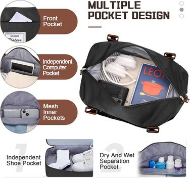 Велика жіноча дорожня сумка, ручна поклажа, спортивна сумка, сумка для вихідних, сумка для плавання, водонепроникна дорожня сумка, спортивна сумка, сумка для фітнесу, сумка для тренувань, лікарняна сумка з відділенням для взуття, N7-чорно-коричнева A03-чо