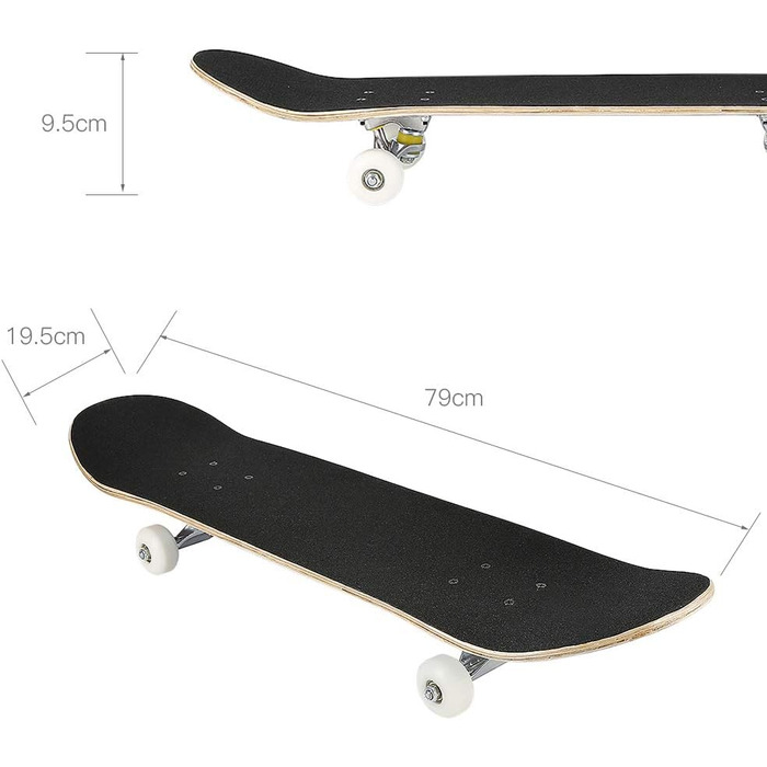 Круїзерний скейтборд з Double Kick - повний комплект для дітей, підлітків та дорослих, 7-шарова увігнута дека з канадського клена, 79 x 19.5 x 9.5 см, візерунок черепа