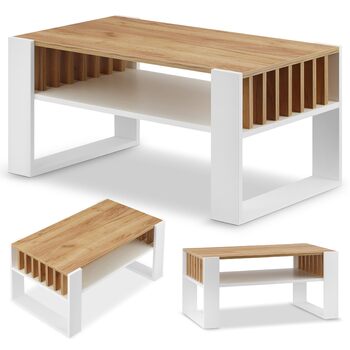 Журнальний столик для дивана Невеликий журнальний столик з білого дуба з місцем для зберігання Сучасний журнальний столик з рейками Журнальний столик Невеликий столик Журнальний столик 92 см Міцний журнальний столик, білий дуб