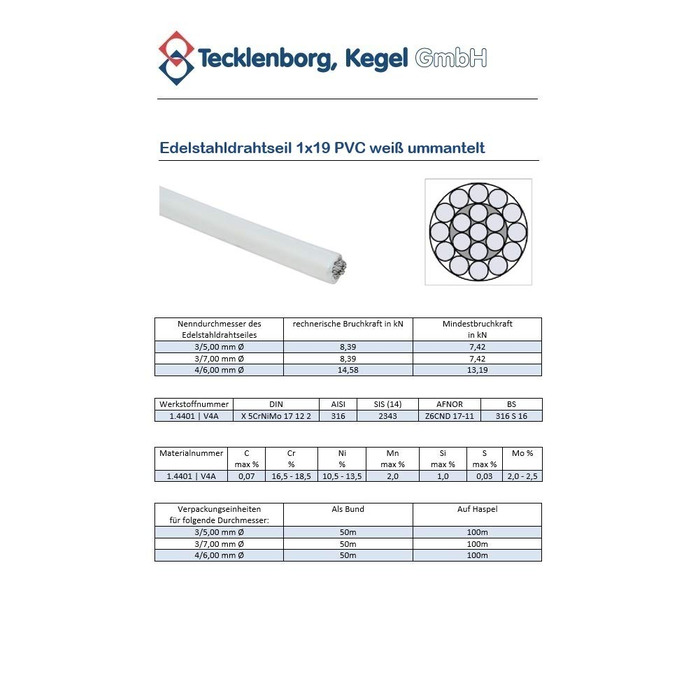 Канат з нержавіючої сталі 1х19, в оболонці з ПВХ (білий), 100 м, трос 3 мм, обшитий ПВХ до зовнішнього діаметра 5 мм, нержавіючий, твердий, низьке подовження - Текленборг, Kegel GmbH 3 мм на 5 мм 100 метрів