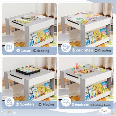 Дитячий стіл Yorbay з 2 стільцями, дерев&39яний дитячий комплект меблів з місцем для зберігання та книжковими полицями, стіл для малювання 3 в 1, стіл для активності та стіл для гри в клас, дитяча кімната, ігрова кімната, для дошкільнят (сірий)